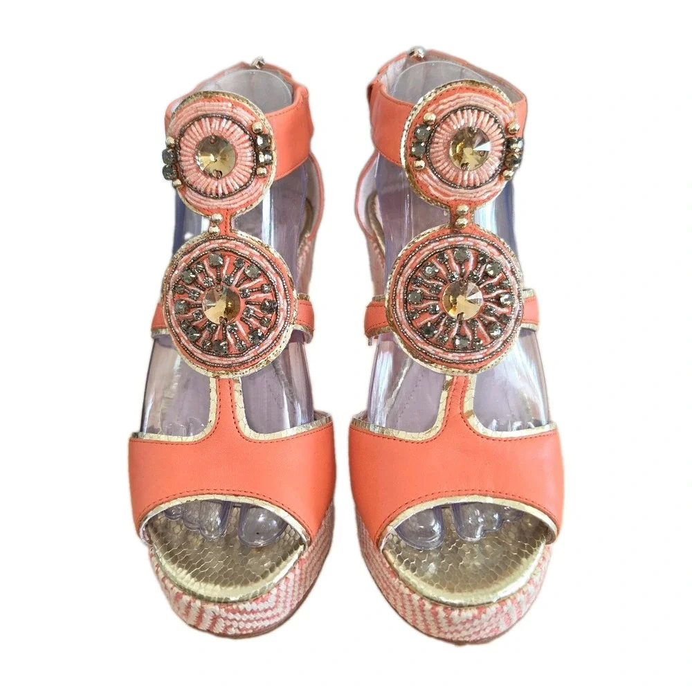 Vince Camuto Torta Coral Leather Espadrille w beads Size 8 Wedge Sandals *read*